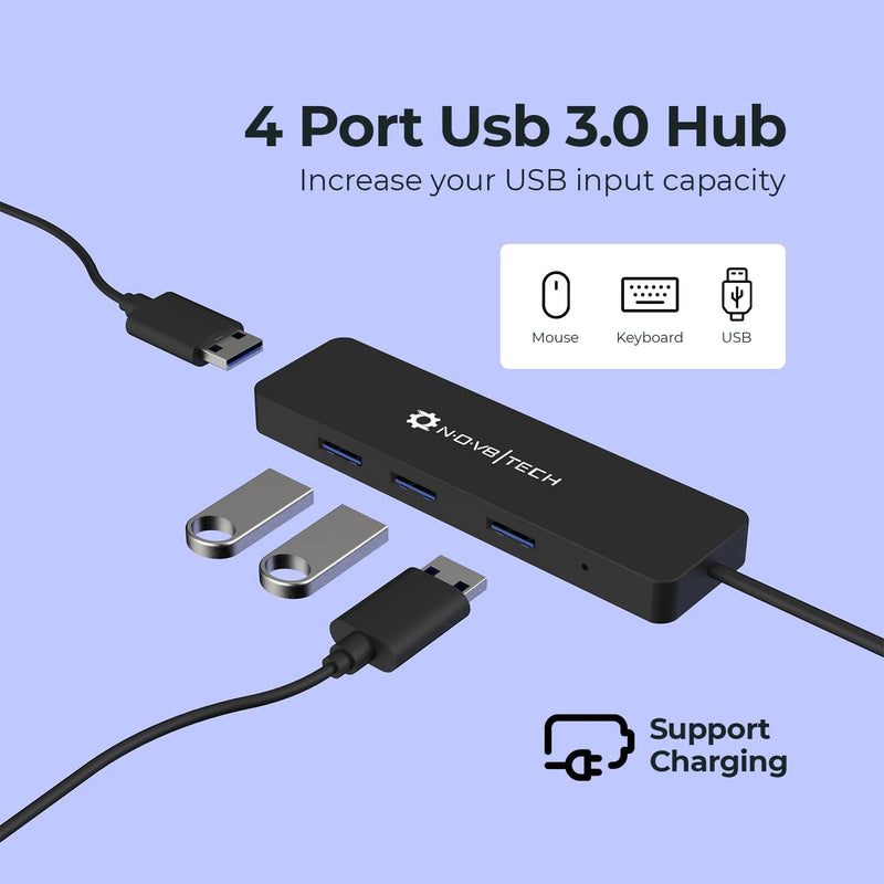 NOV8TECH 4 Port USB Hub with 2ft Extended Cable - Compatible with PC, Laptops, MacBook Pro & Air M1 M2 2016-2023