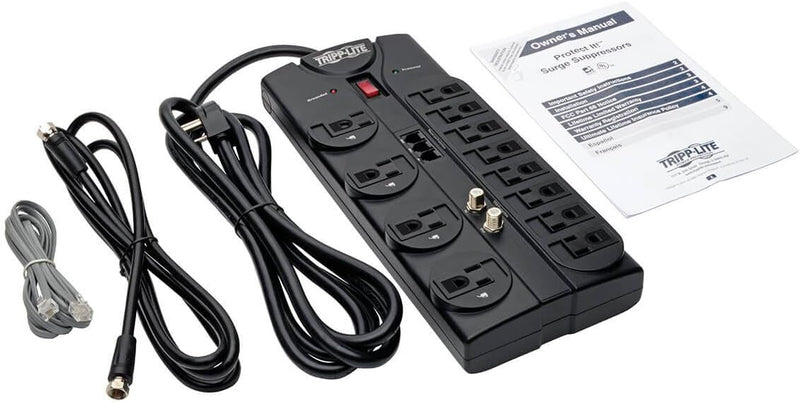 Tripp Lite TLP1208TELTV 12 Outlet Surge Protector Power Strip, 8ft Cord, Right-Angle Plug, Tel/Modem/Coax Protection, RJ11