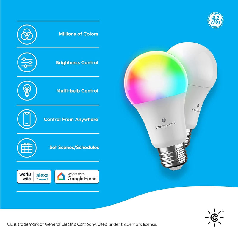 GE Lighting CYNC Smart LED Light Bulbs, Color Changing, Bluetooth and Wi-Fi, Works with Alexa and Google Home, A19 Bulbs (2 Pack)