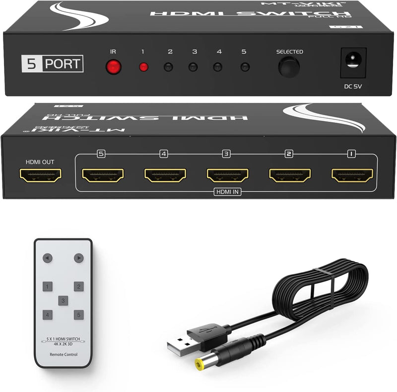 MT-VIKI HDMI Switch 5 in, 1 Out w/ IR Remote Control, 4K@30Hz, compatible with Xbox, Nintendo, PS5, PS4 consoles, TV FireStick & Roku