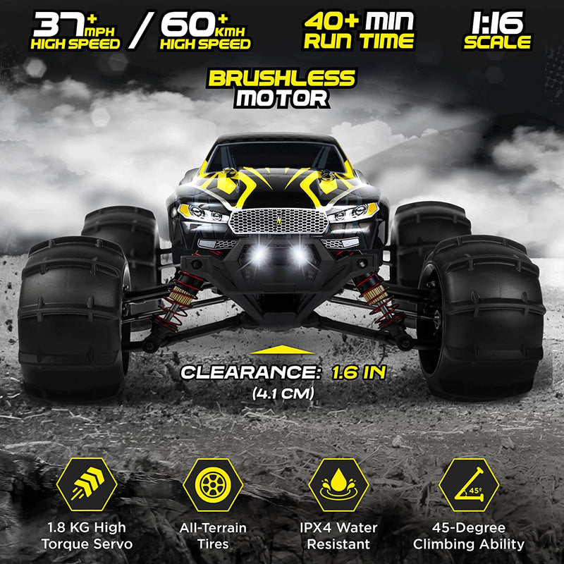 LAEGENDARY RC Car - Off Road Remote Control Car for Adults & Kids, Waterproof All Terrain 4x4 Truck w/ 2 Batteries - 1:16 Scale, Brushless, Black – Yellow